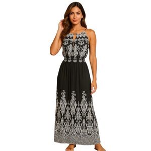NWT Black White Print Maxi Dress XL Peep Hole Neckline Sleeveless Boho Glam